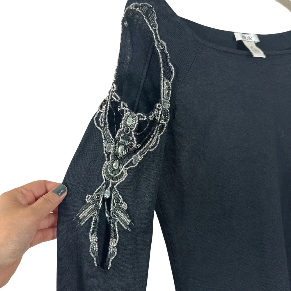 Cache Womens Silk Blend Cold Shoulder‎ Beaded Knit Top Black Size M Y2K